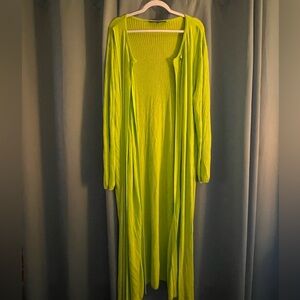 Vibrant Long Ankle Length Neon Lime Green Cardigan Duster XL